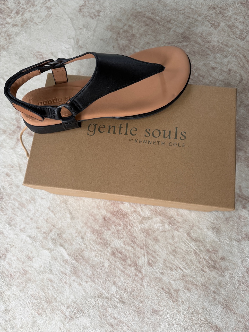 Gentle Souls By Kenneth Cole Black Leather Holly Slingback Sandal Tan Footbed
